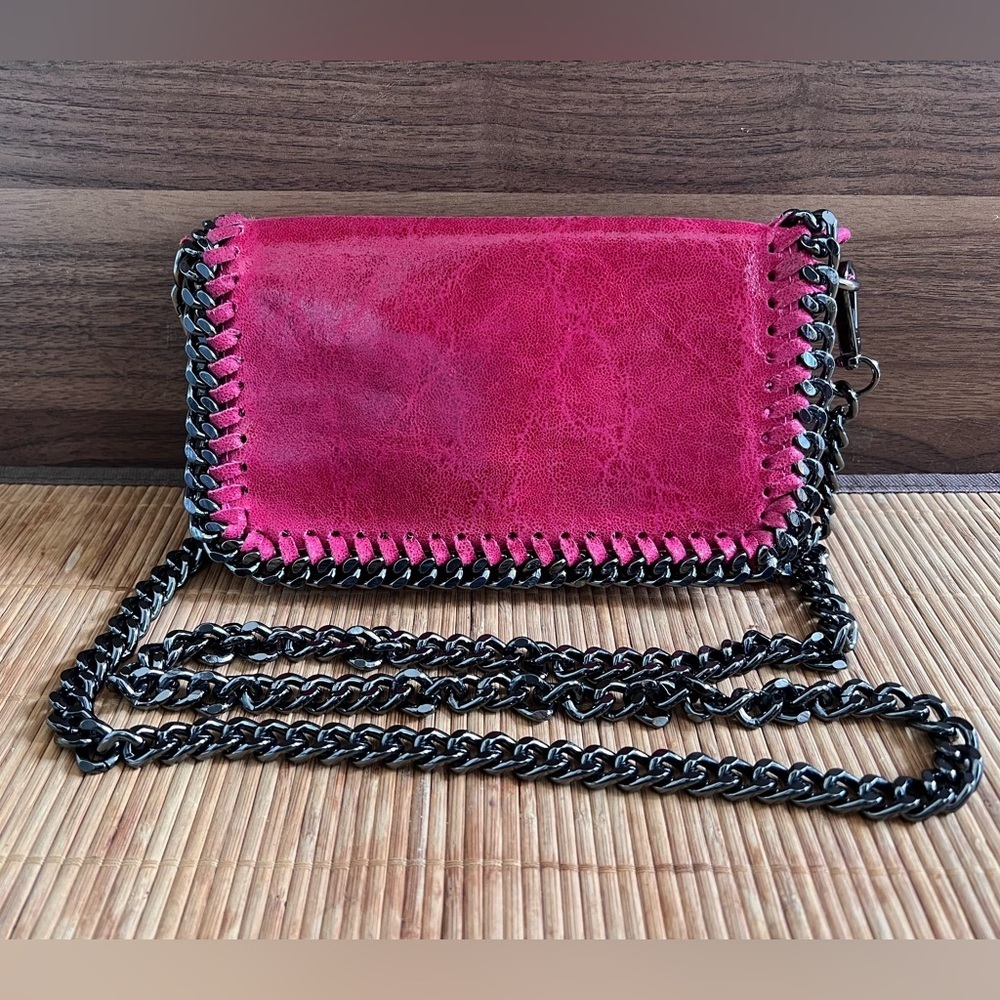 Borse In Pelle Red/Pink Leather Shoulder Crossbody Bag Chain Strap Italy Made